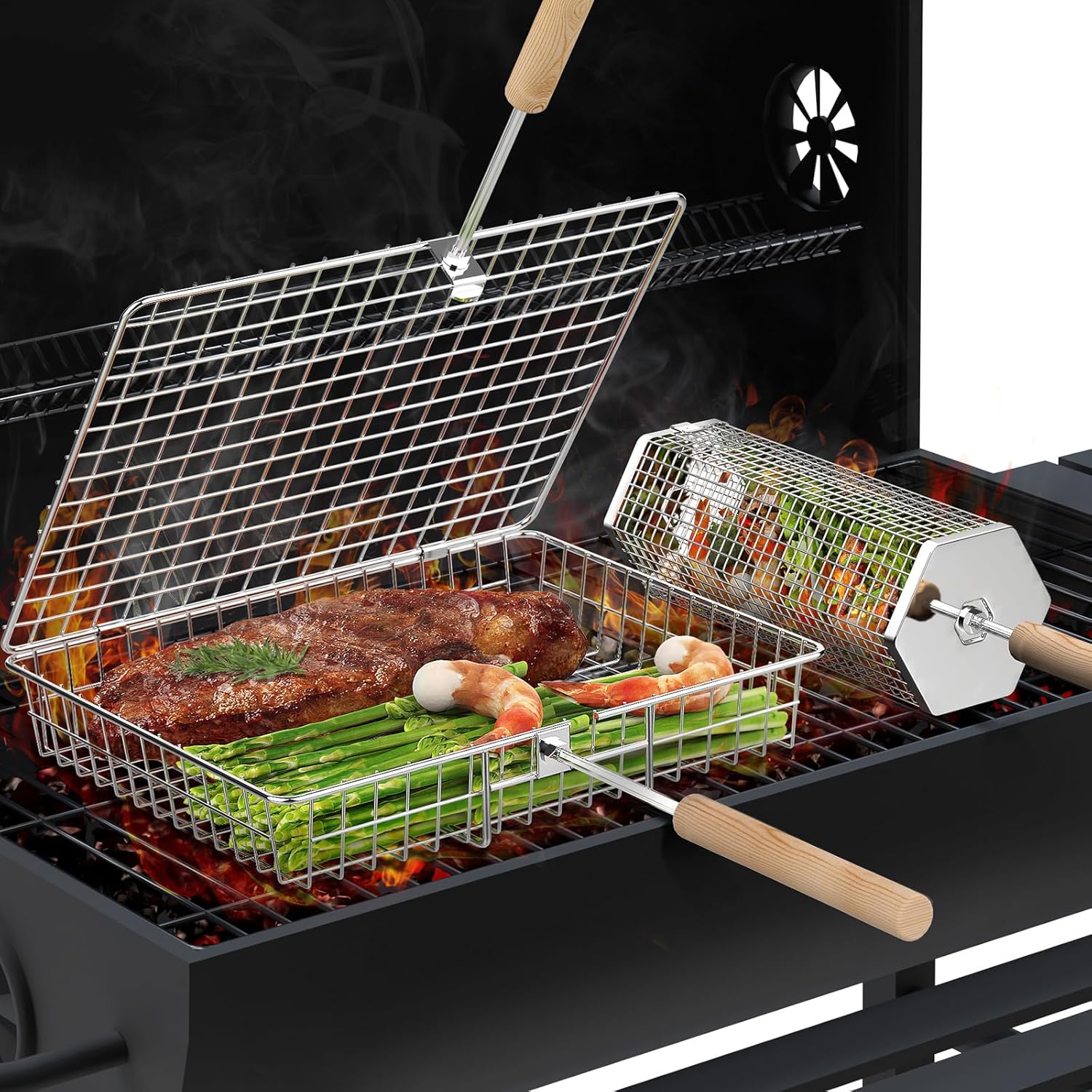Camping Cooking Gifts - Grill Basket Set with Removable Wooden